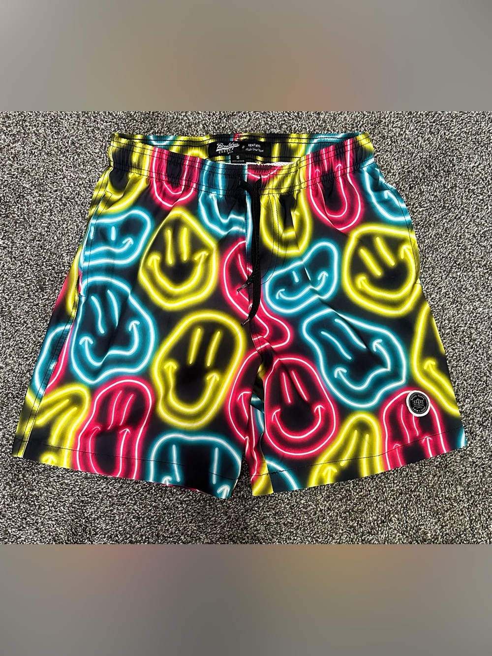 Men’s Brooklyn Cloth Neon Smileys Swim Trunks Size Small